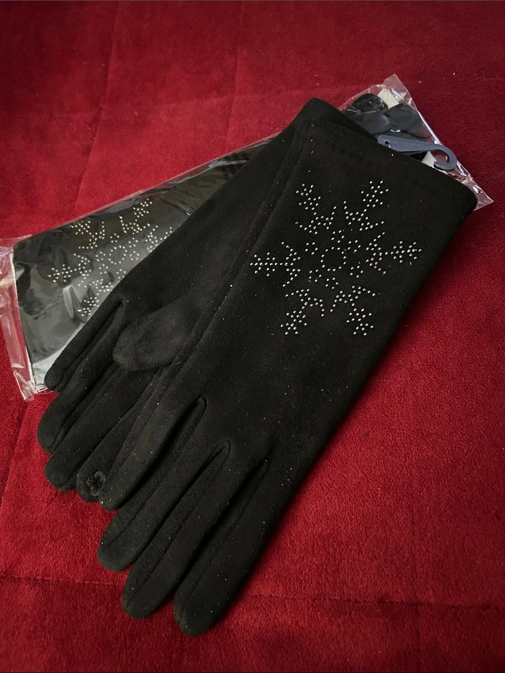 2 Pair Black Women's Winter Gloves with Rhinestone Snowflake